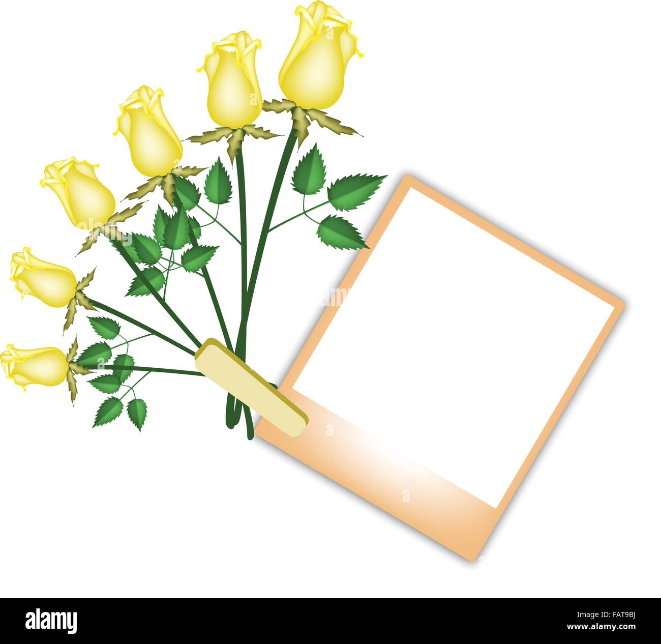 Love and Friendship Concept, Illustration of Six Lovely Yellow Roses with Blank Instant Photo Prints or Polaroid Frames Isolated Stock Vector