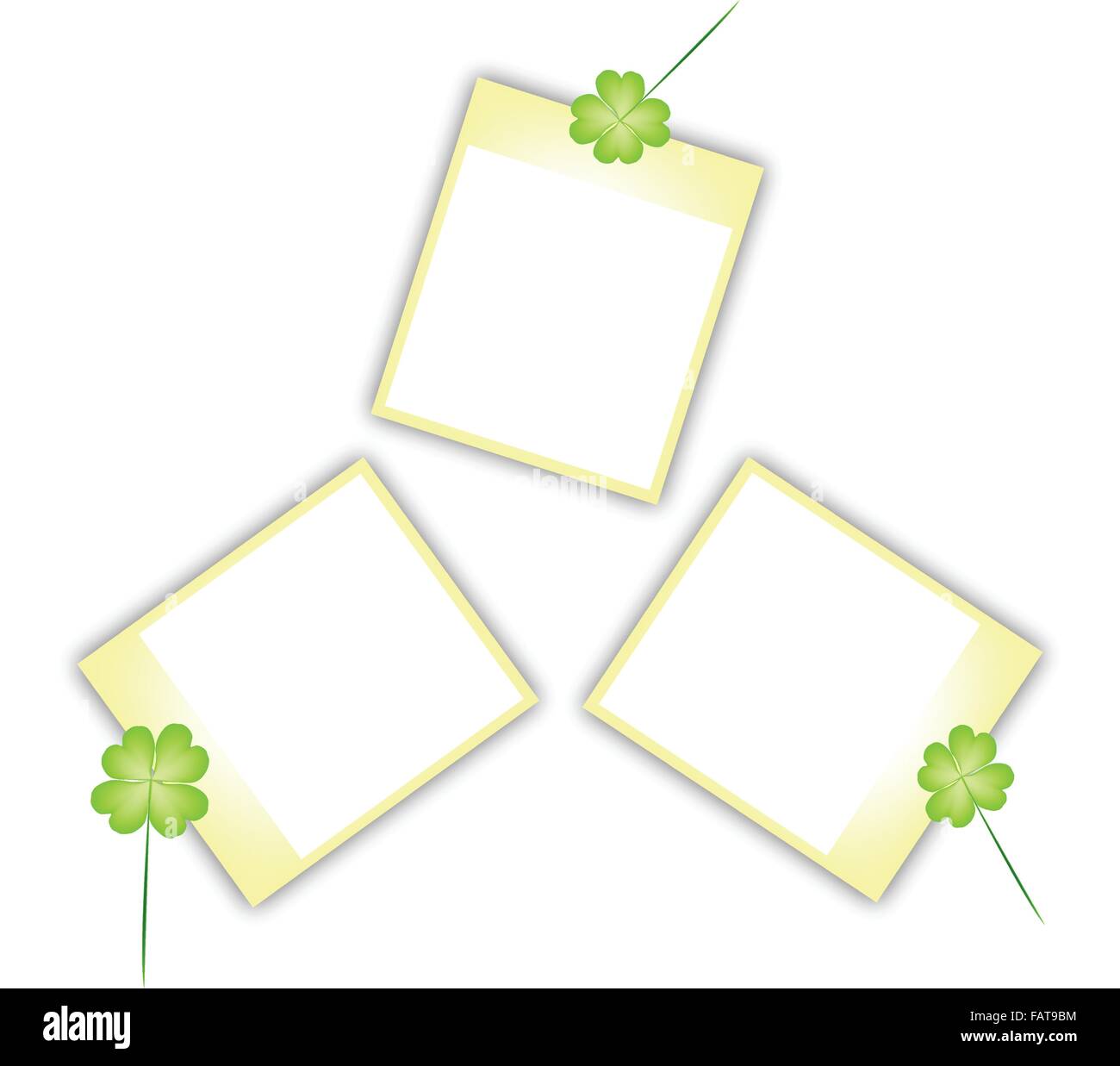 Love Concept, Illustration of Lovely Four Leaf Clover or Shamrock Plants with Yellow Blank Instant Photo Prints or Polaroid Fram Stock Vector