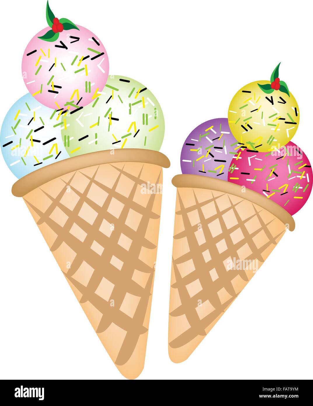 An Illustration Colorful of Ice cream Variations in Two Waffle Cones ...