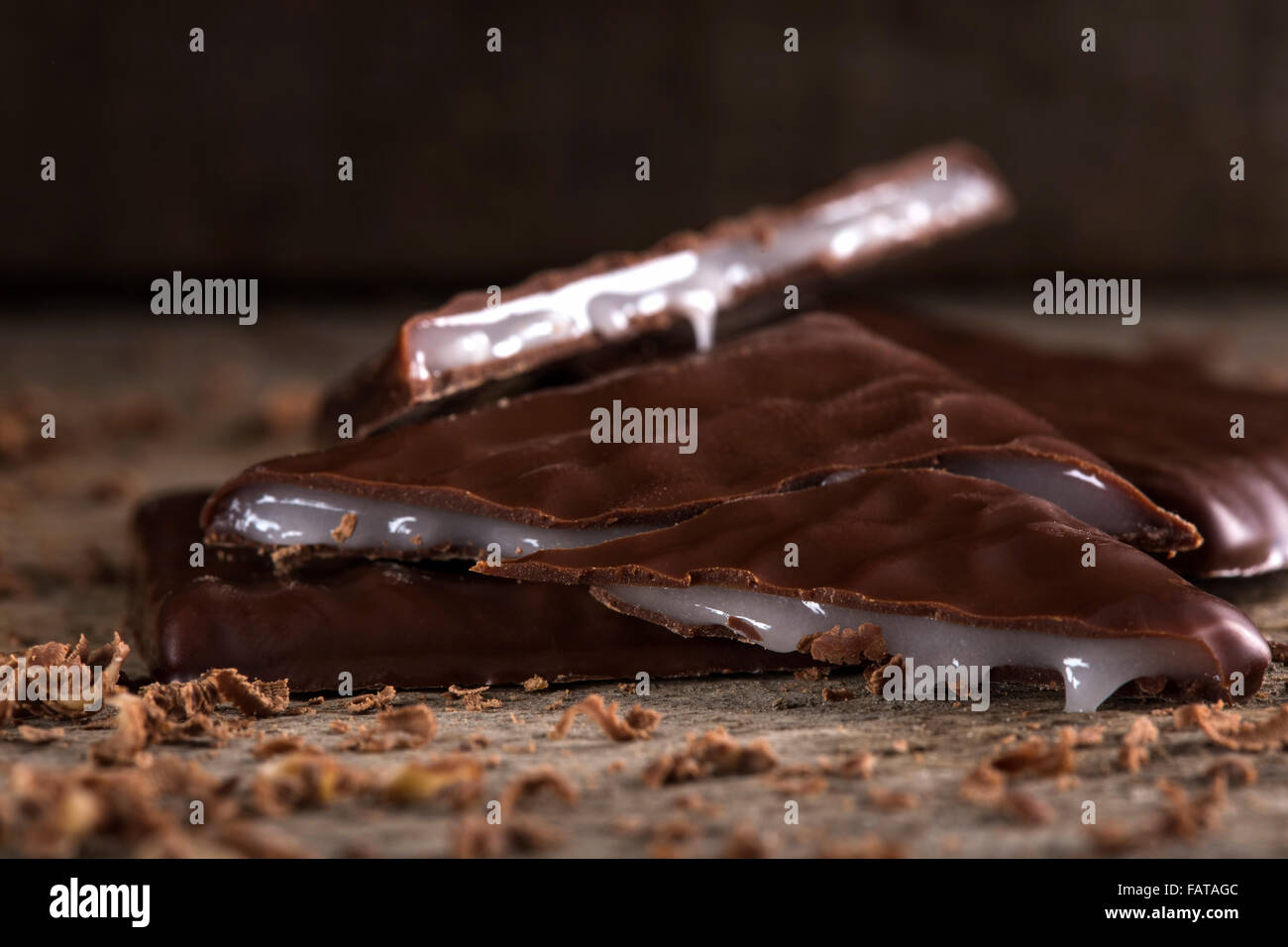 Close-up of some After Dinner mints chocolate over rustic background Stock Photo