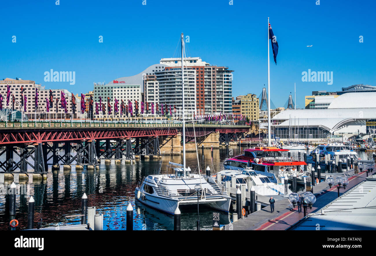 Australia, New South Wales, Sydney, Darling Harbour, view of Pyrmont Bridge from the Darling Harbour Aquarium Wharf Stock Photo