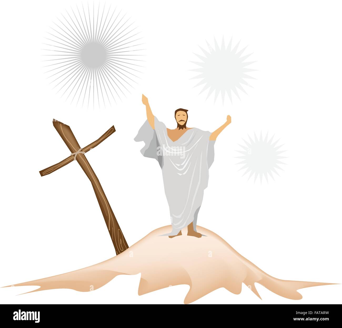 An Illustration of Jesus Christ Standing with A Wooden Cross and Praying for People on A Mountain Stock Vector