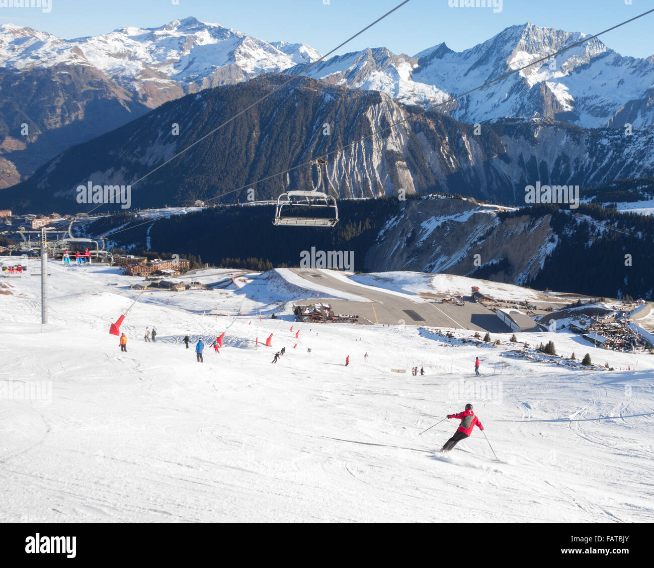 Courchevel 1850, France - airport that can only be used by private small planes and helicopters because of the uphill gradient a Stock Photo