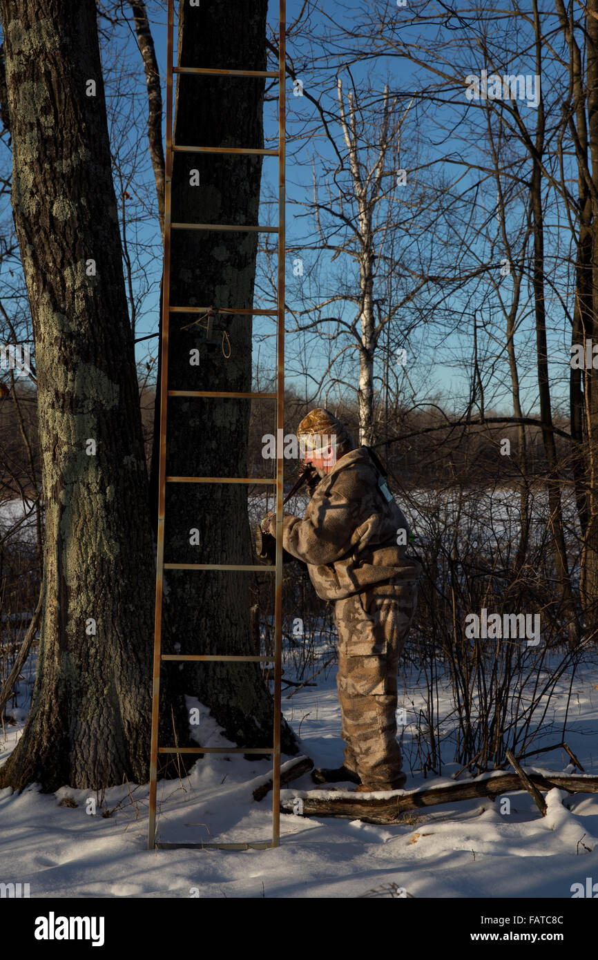 Hunter attaching crossbow to pull up rope Stock Photo - Alamy