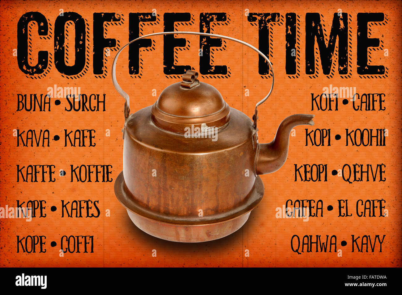 Antique copper coffee pot with text Stock Photo Alamy
