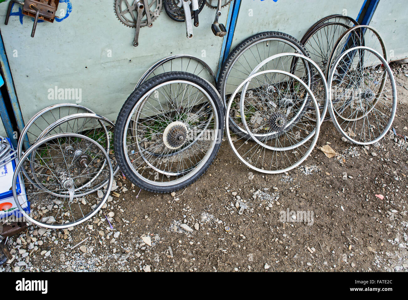 Spare wheels for bicycles sold in the flea market. Stock Photo