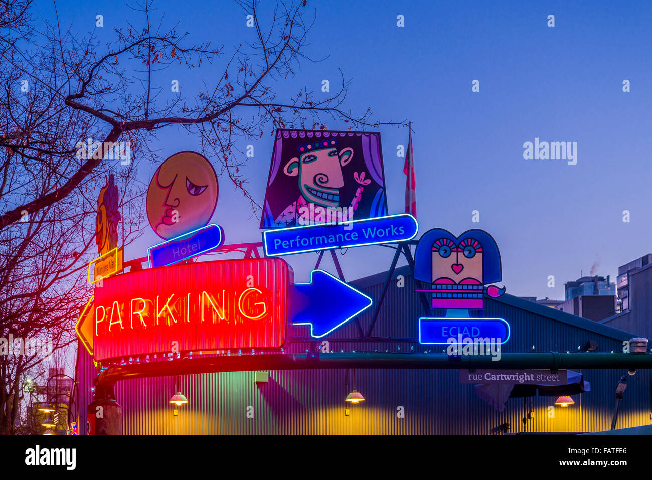 Quirky directional signs, Granville Island, Vancouver, British Columbia, Canada, Stock Photo