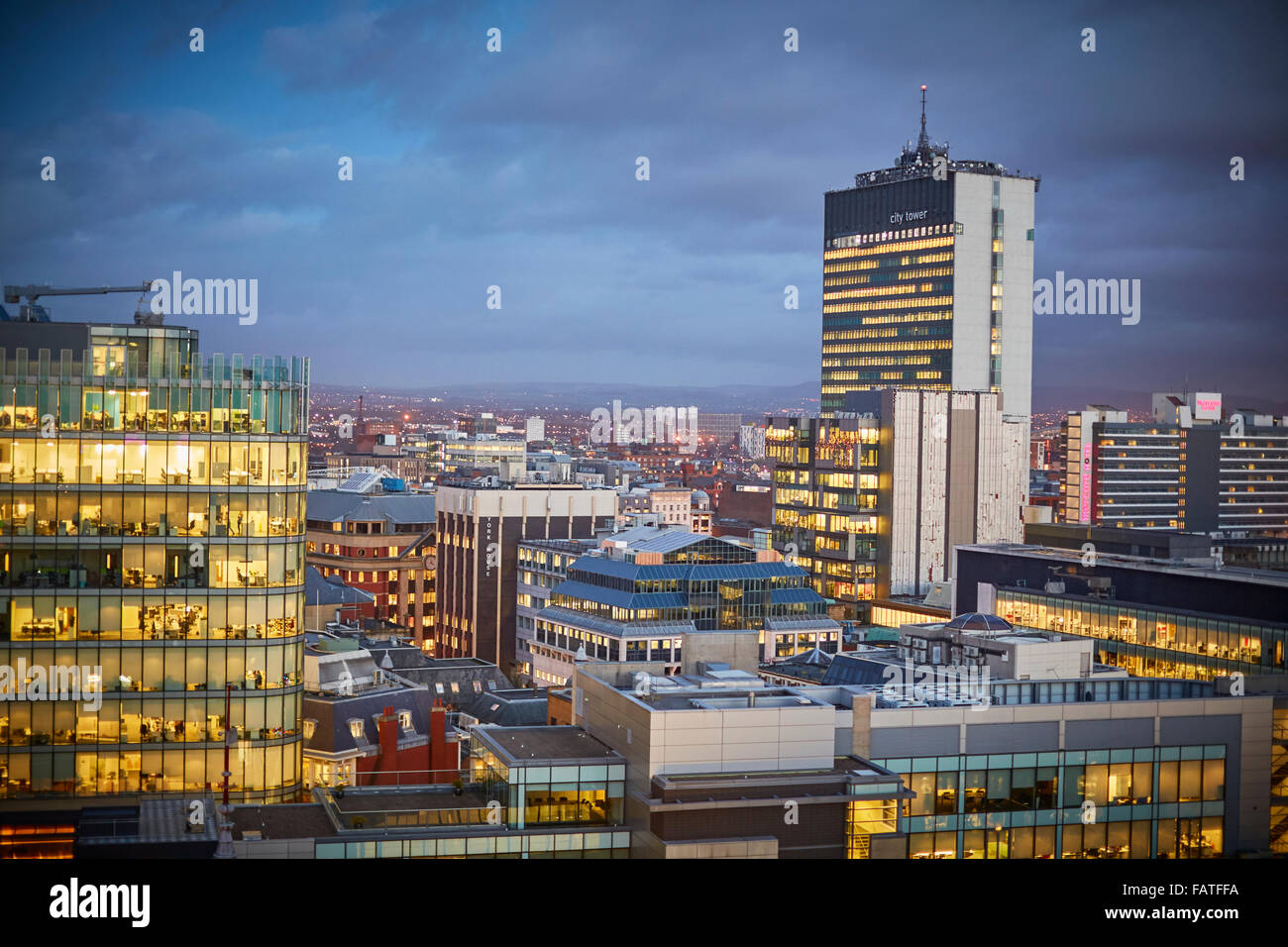 View from Manchester Town Hall clock tower looking at building looking towards 82 king Street   Manchester skyline above sunset Stock Photo