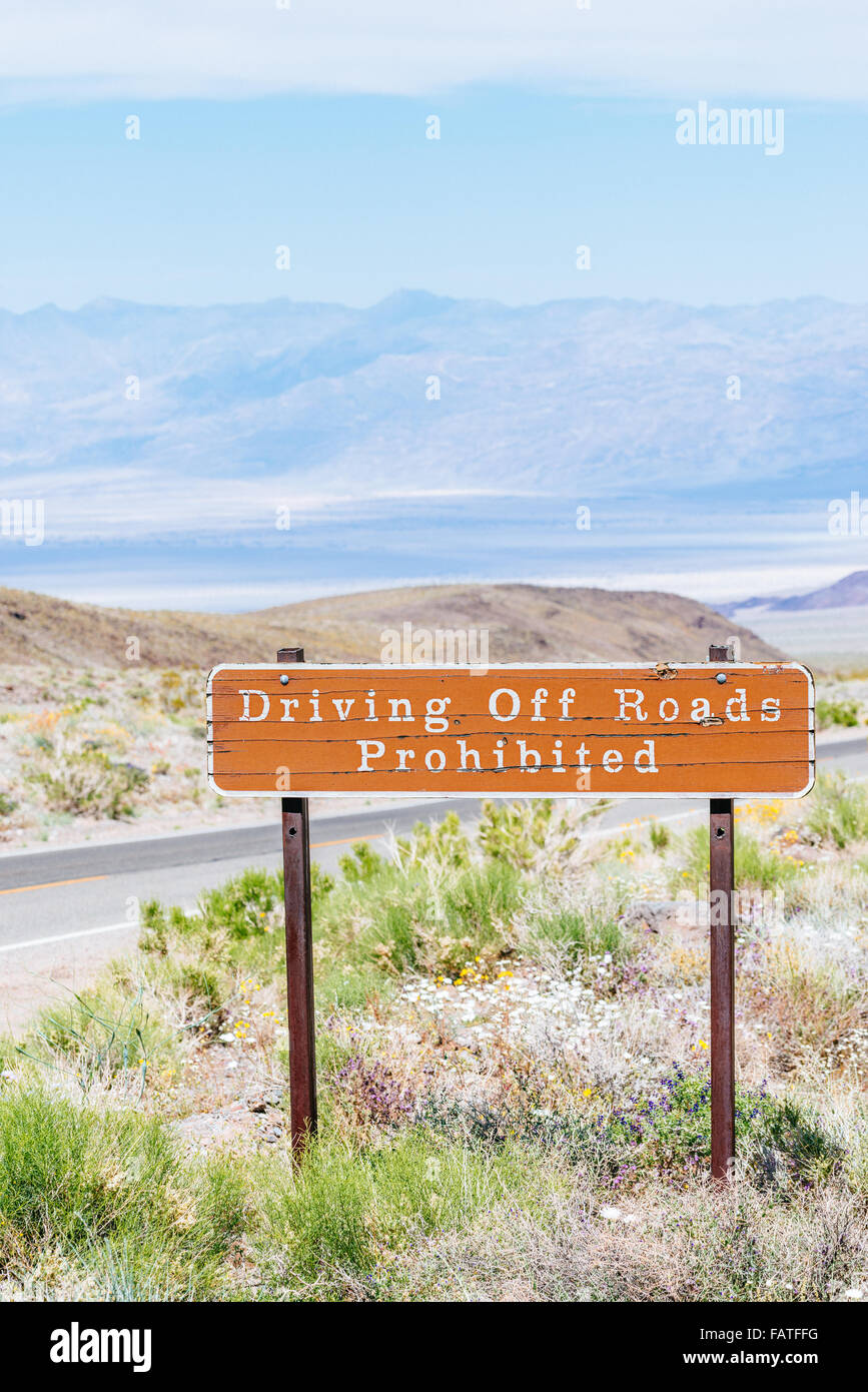 Driving Off Roads Prohibited sign in Death Valley National Park Stock Photo