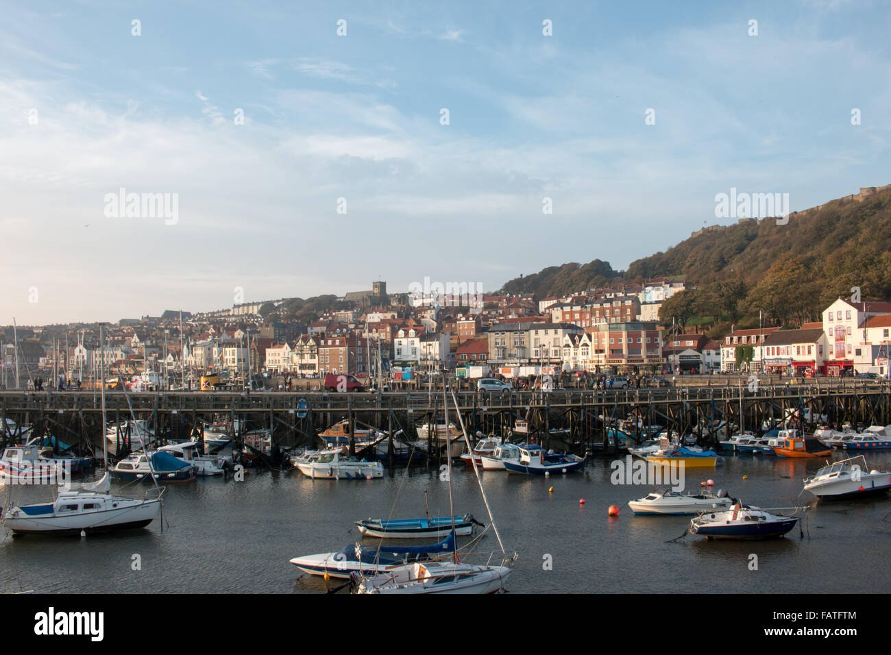 Scarborough Harbour viewed from the pier. Scarborough, North Yorkshire, United Kingdom. Stock Photo