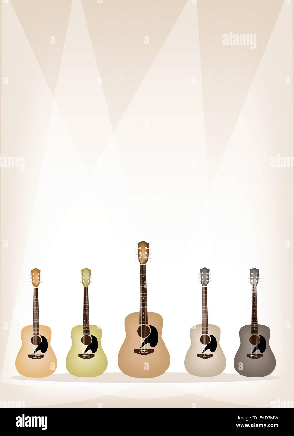 Music Instrument, An Illustration of Five Colors of Earth Tone Guitars on Vintage Brown Stage Background with Copy Space for Tex Stock Vector