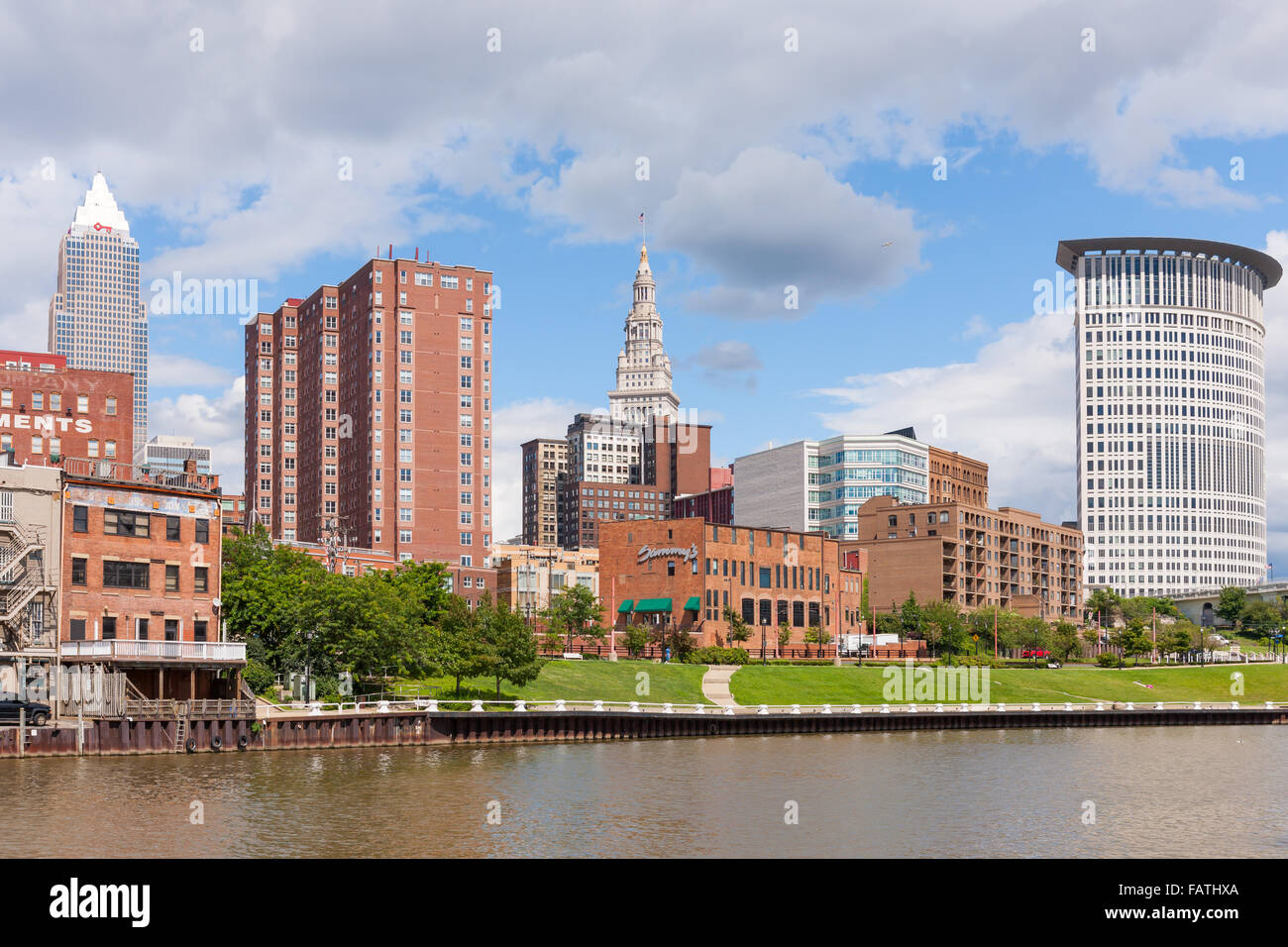 The skyline of Cleveland, Ohio as viewed over the Cuyahoga River from the Flats. Stock Photo