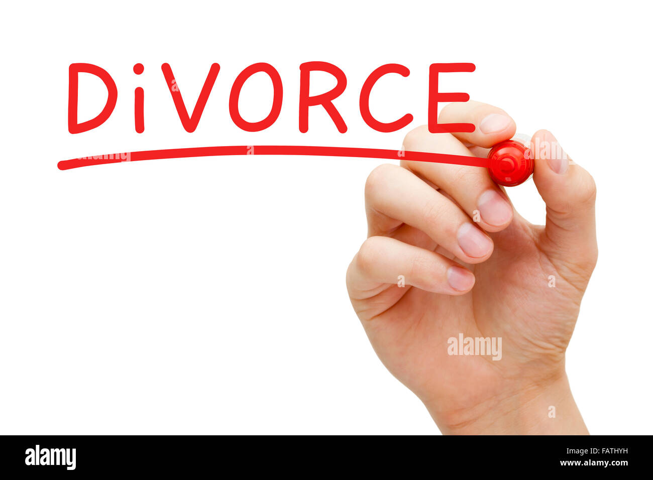 Hand writing Divorce with red marker on transparent wipe board. Stock Photo