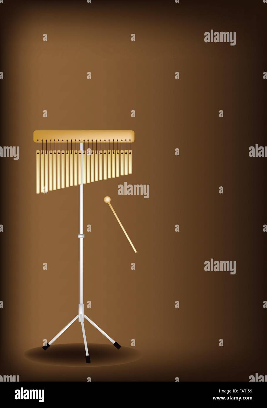Music Instrument, An Illustration of Golden Bar Chimes and Beater on