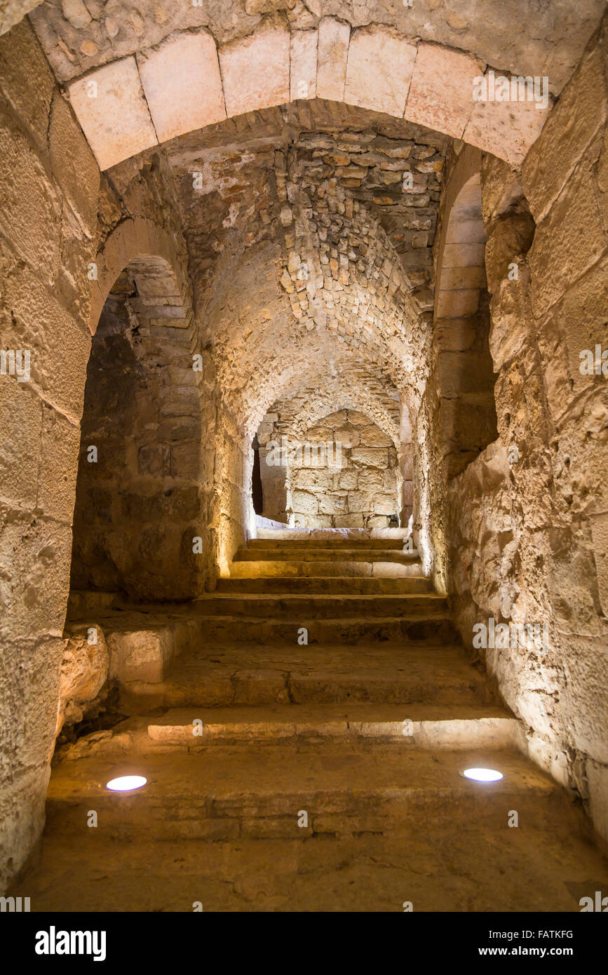 The interior halls of the historic Ajlun Castle in the Hashemite Kingdom of Jordan, Middle East. Stock Photo
