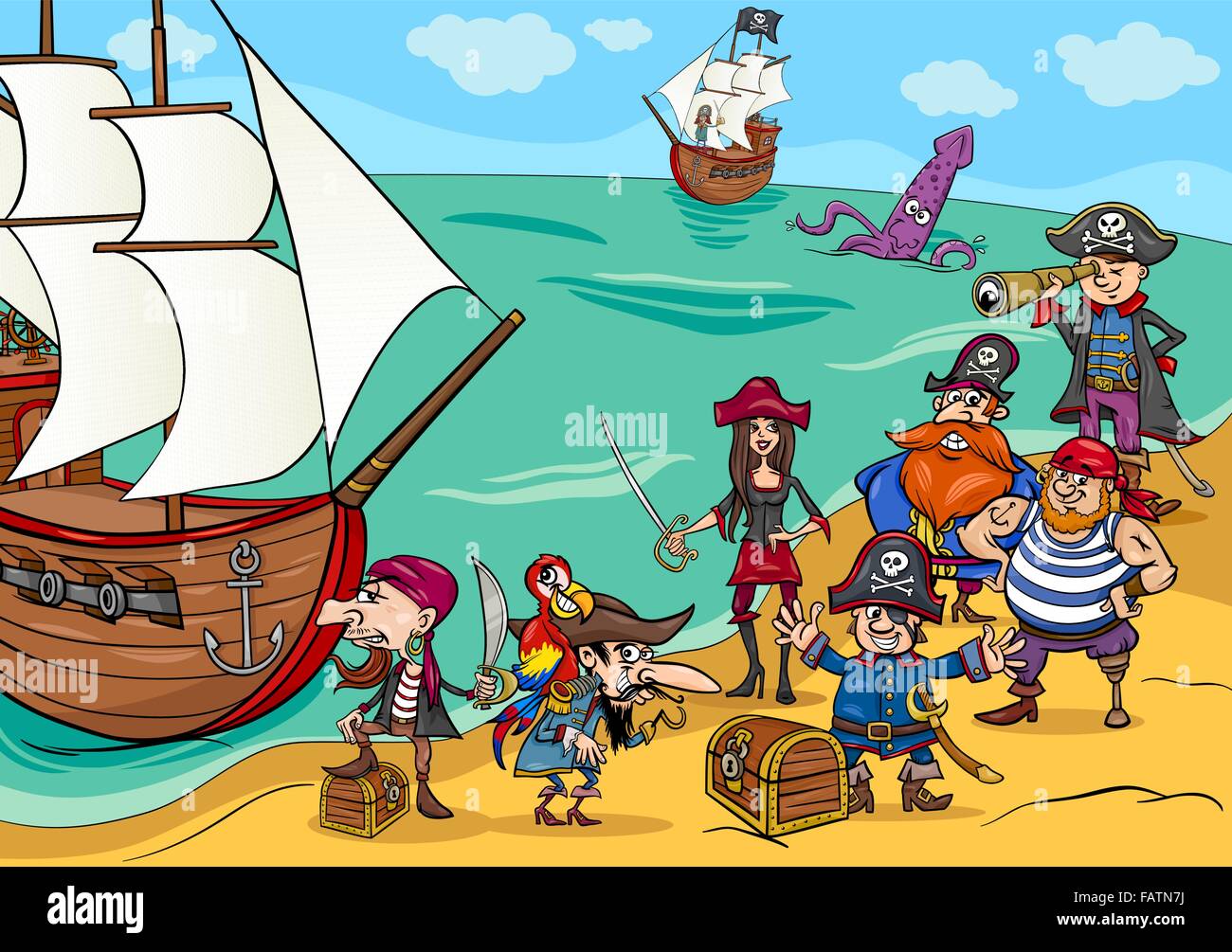 Cartoon Illustrations of Fantasy Pirate Characters with Ship on Treasure Island Stock Vector