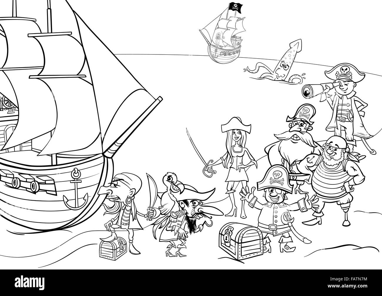 Black and White Cartoon Illustrations of Fantasy Pirate Characters with Ship on Treasure Island for Coloring Book Stock Vector