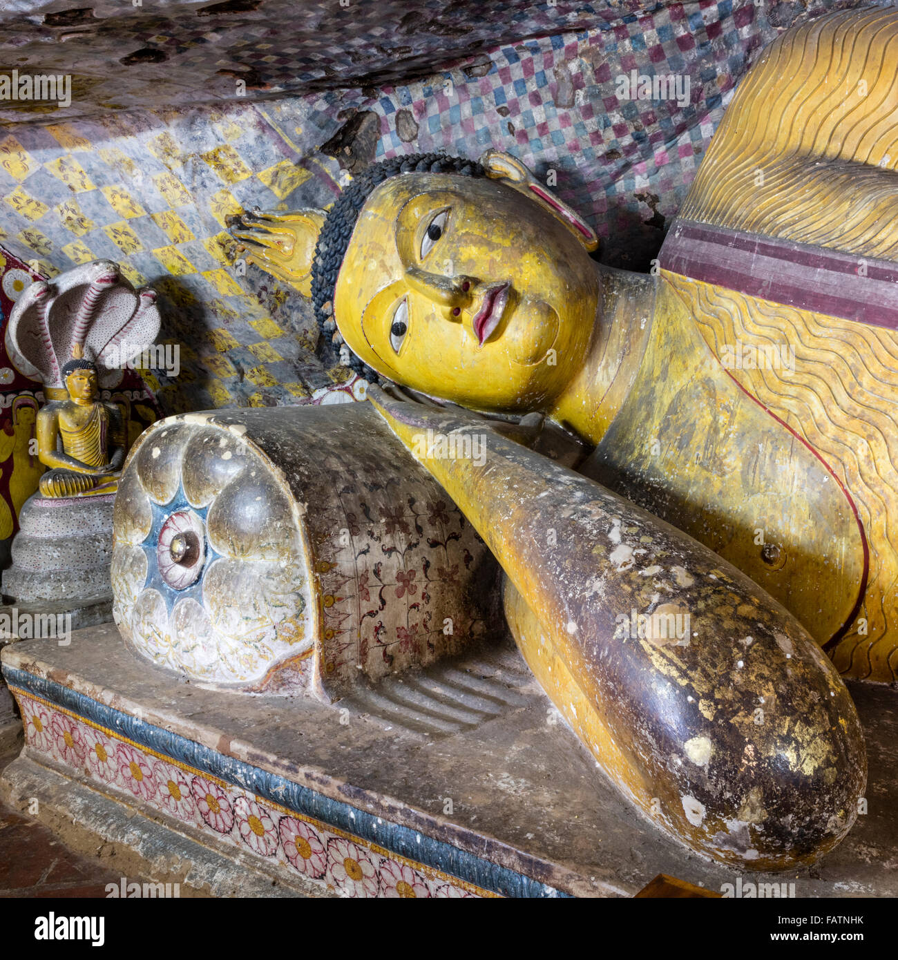Detail of reclining Buddha statue at Dambulla Caves, Central Province, Sri Lanka Stock Photo