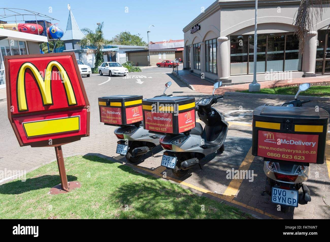 McDonald's delivery scooters, Springs, Ekurhuleni Metropolitan Municipality, Gauteng Province, Republic of South Africa Stock Photo