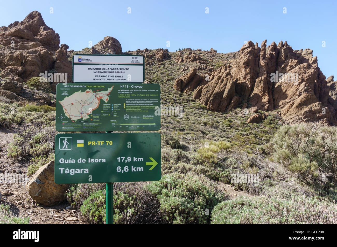 Tenerife, Canary Islands - Mount Teide national park. At Juan Evora visitor centre. Interpretation sign and walking route guide. Stock Photo