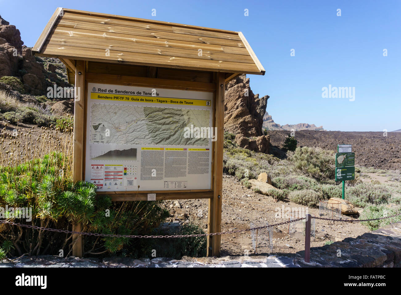 Tenerife, Canary Islands - Mount Teide national park. At Juan Evora visitor centre. Interpretation sign and walking route guide. Stock Photo