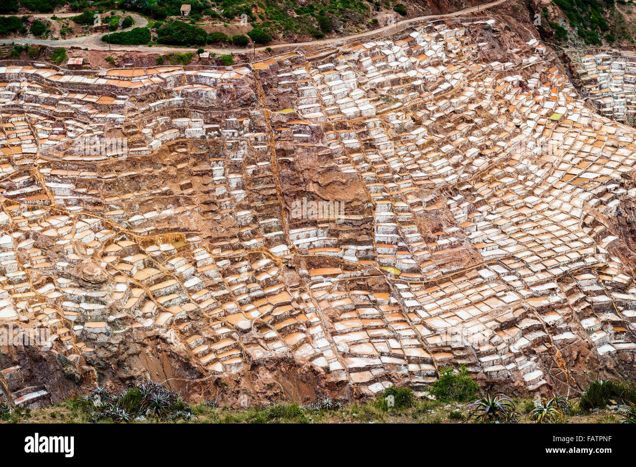View of the Maras Salt Mines near the village of Maras, Sacred Valley, Peru Stock Photo