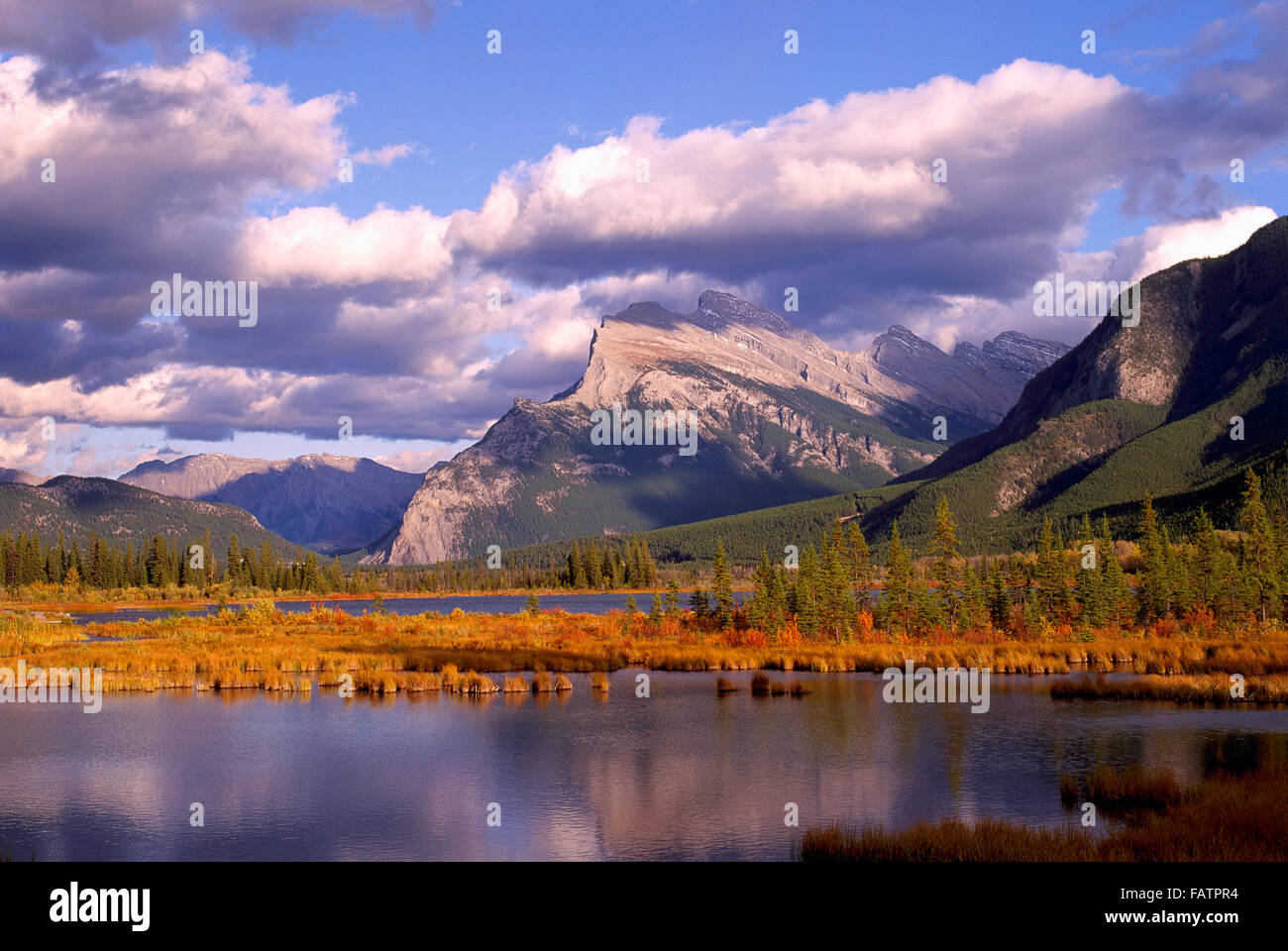 Mount Rundle and Vermilion Lakes/ Vermillion Lakes, Banff National Park, Alberta, Canada - Canadian Rockies, Autumn / Fall Stock Photo