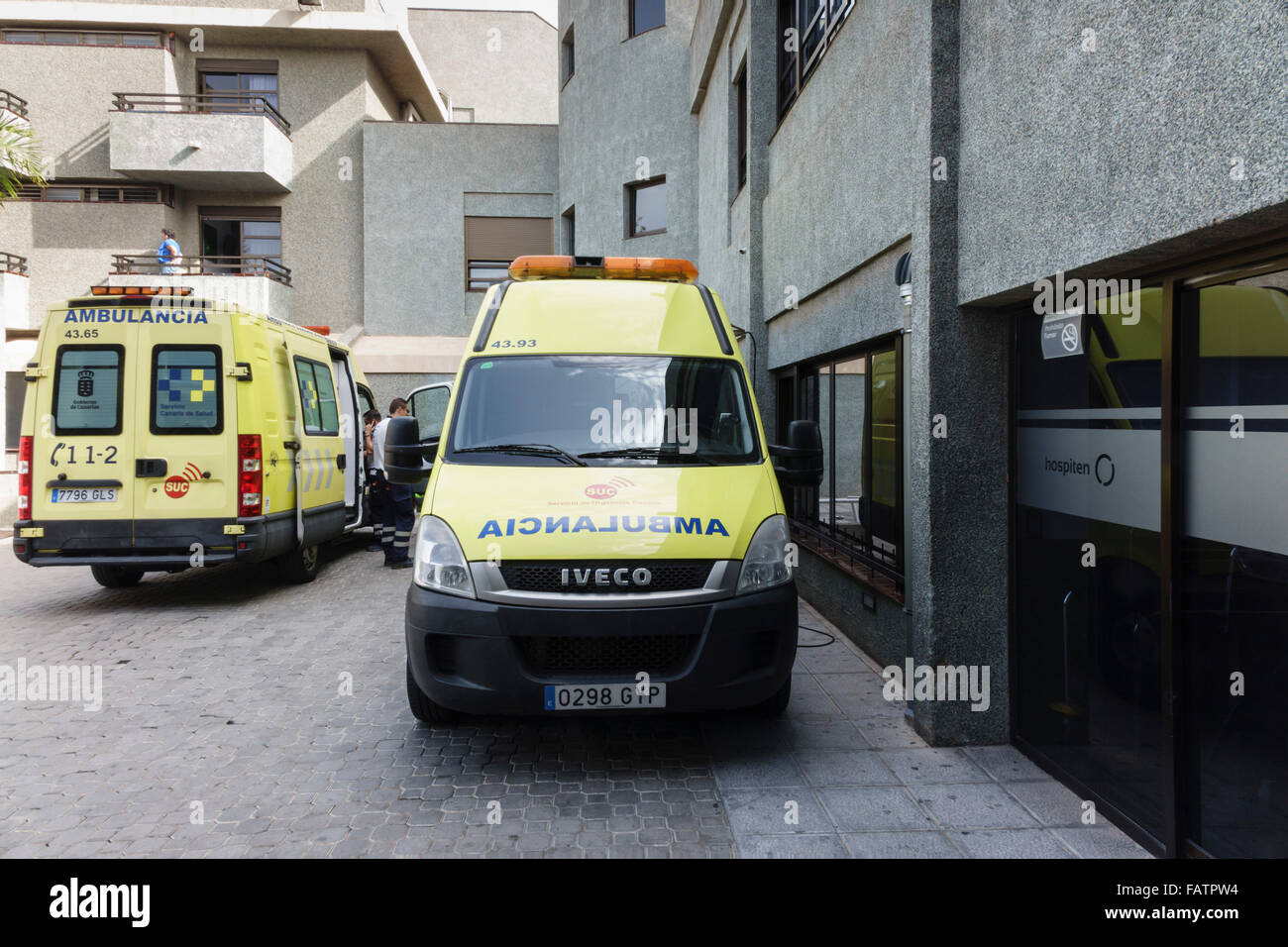 Tenerife, Canary Islands - Hospiten Sur, private hospital, Playa Las  Americas. Ambulances Stock Photo - Alamy