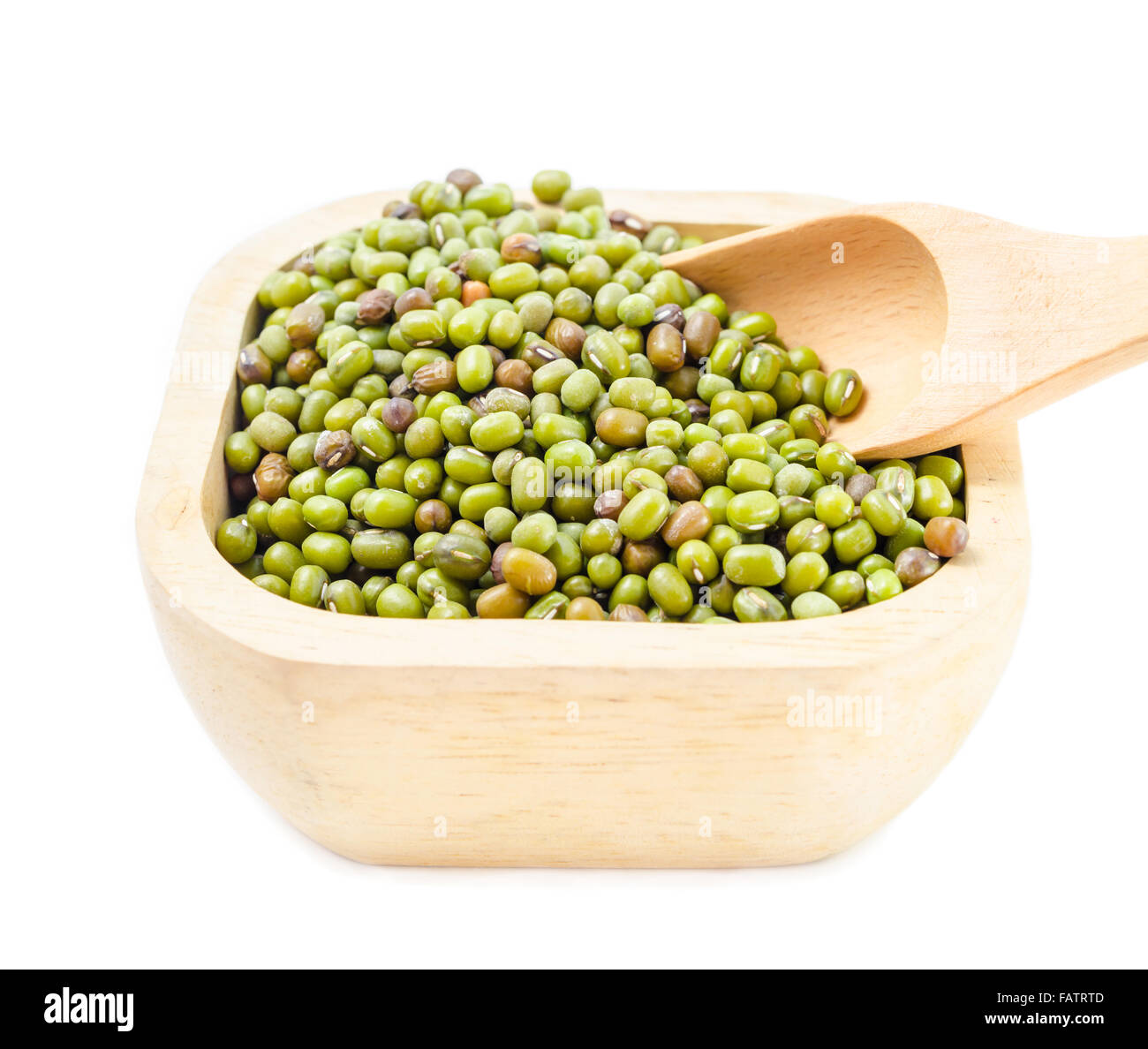 Healthy vegetarian super foods ingredient mung beans in wood cup on white background. Stock Photo