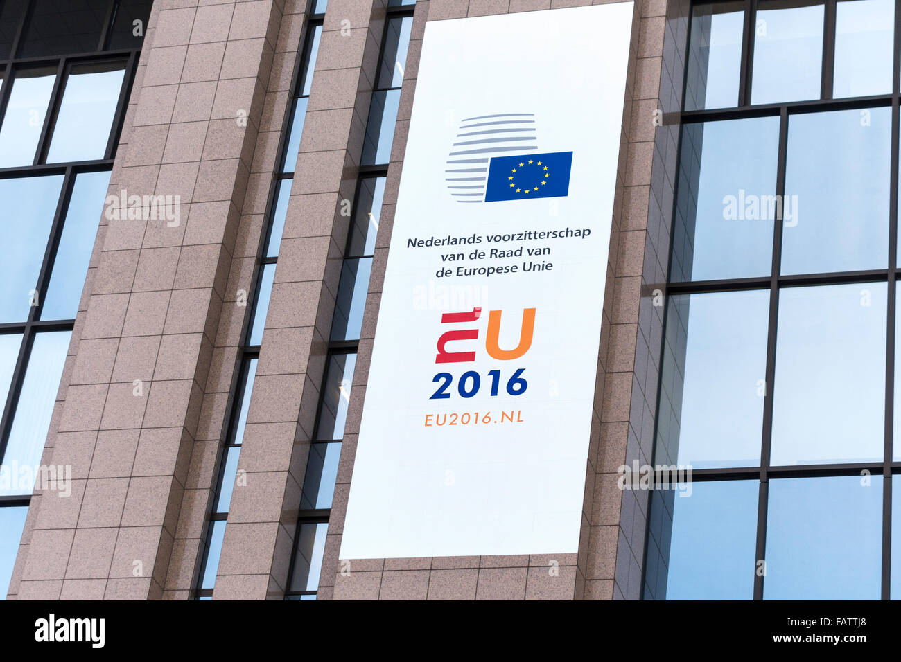 Brussels Dutch EU Council Presidency 2016 logo banner on the European Council Building in Brussels Belgium on January 1st 2016. Stock Photo