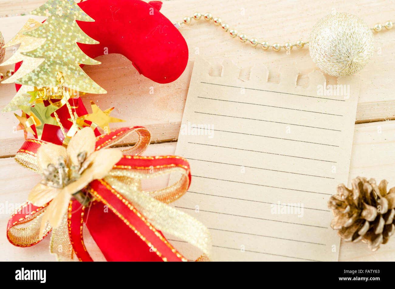 Christmas background blank old paper sheer, pen and decorations Stock Photo