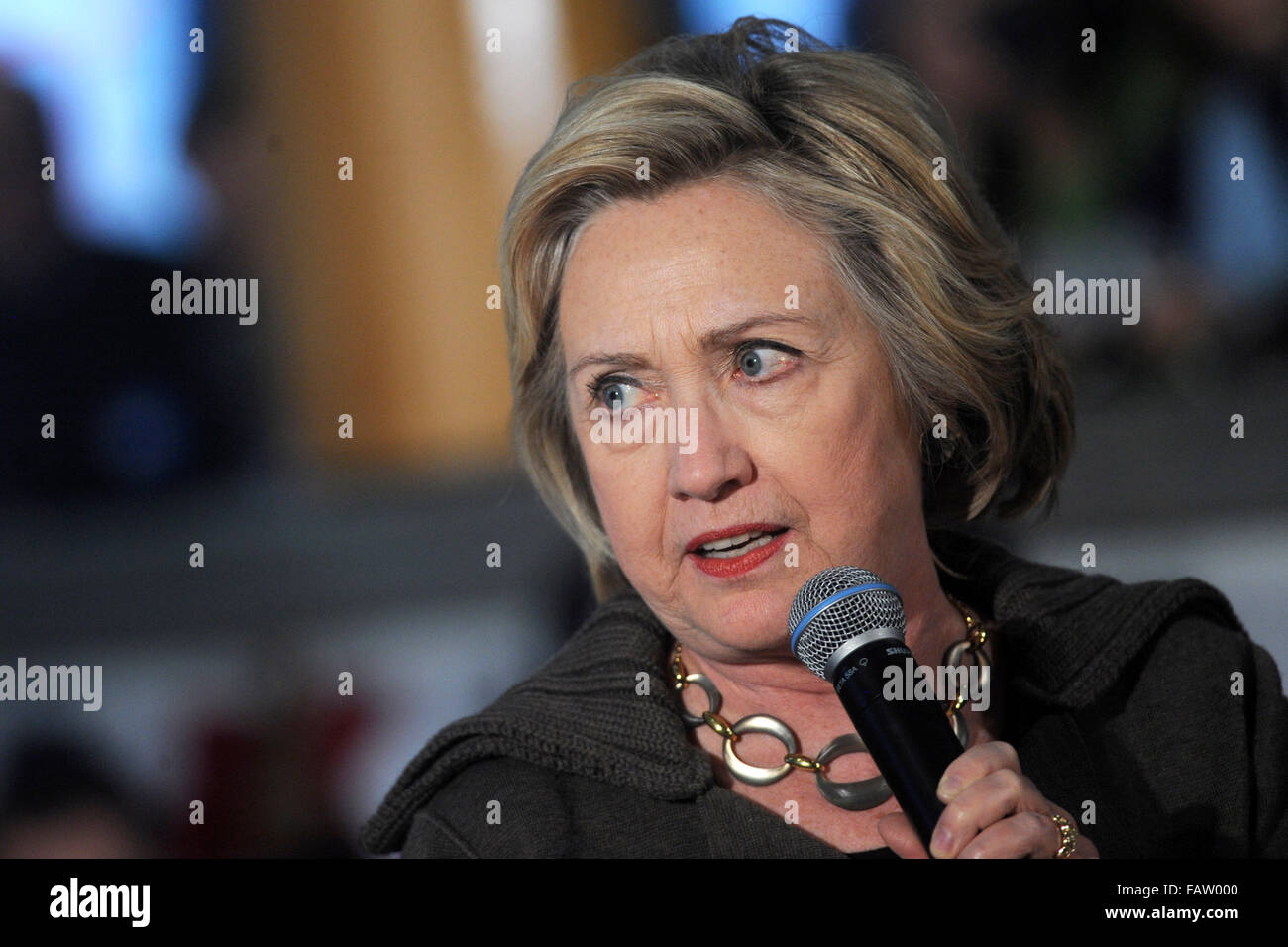 Keene, New Hampshire. 3rd Jan, 2016. Hillary Clinton, former Secretary of State and 2016 Democratic presidential candidate, speaks during a town hall meeting at Keene High School on January 3, 2016 in Keene, New Hampshire. © dpa/Alamy Live News Stock Photo