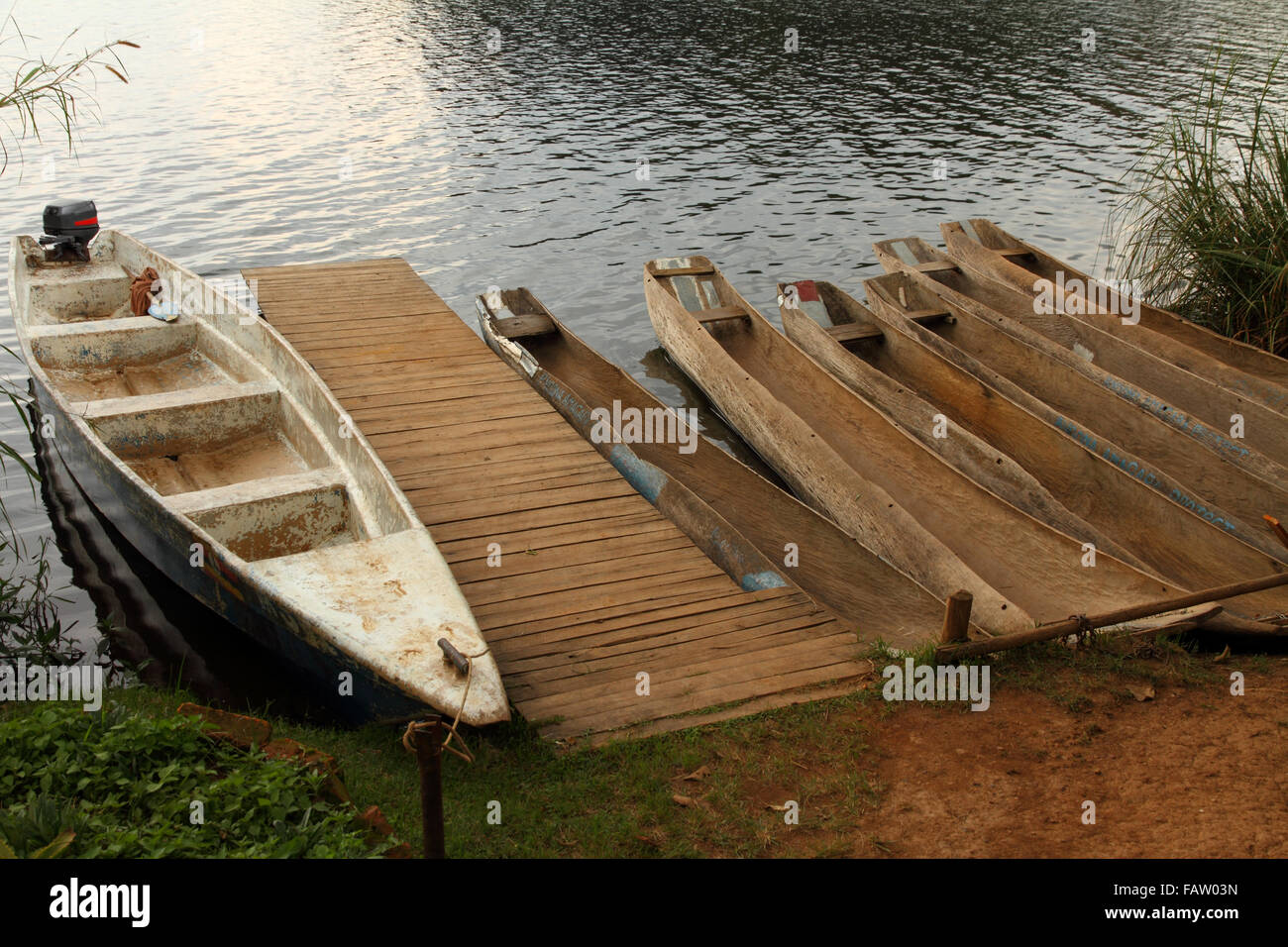 A group of Dugout canoes and one boat launch waiting on a lake shore at