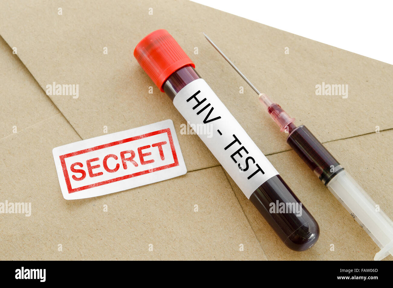 Sample blood collection tube with HIV test label on brown envelope and and secret result diagnosis. Stock Photo