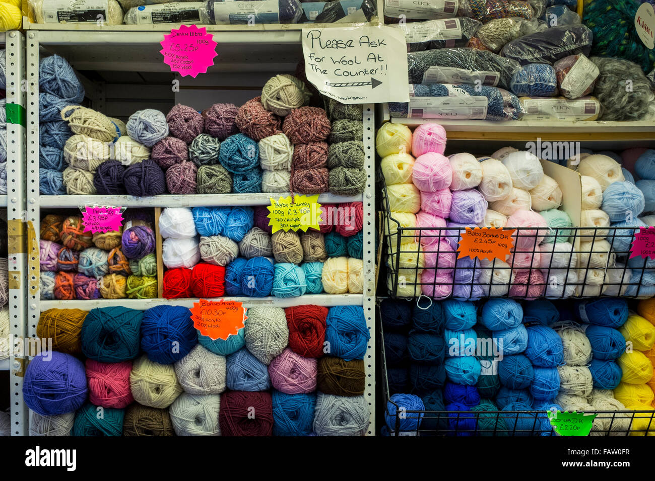 Display of balls of wool in a shop, UK Stock Photo