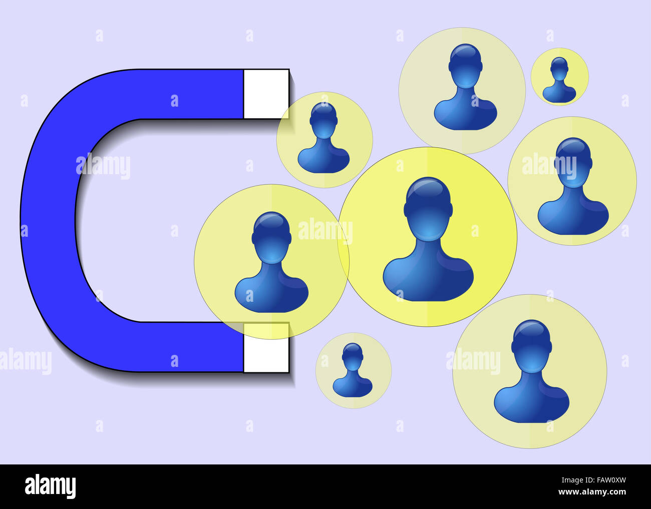 Illustration of blue magnet attracting humans Stock Photo