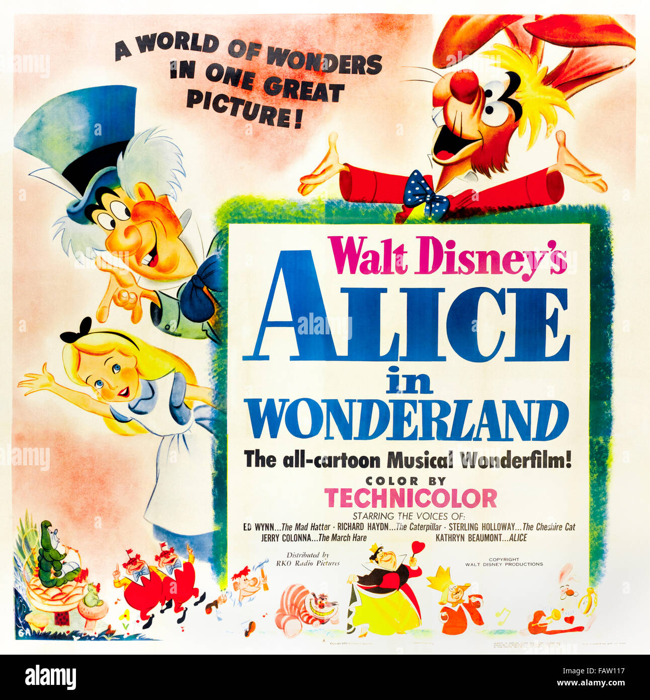 Walt Disney's 'Alice in Wonderland' (1951) poster. Photograph of restored, linen backed original US Six Sheet Poster. Stock Photo
