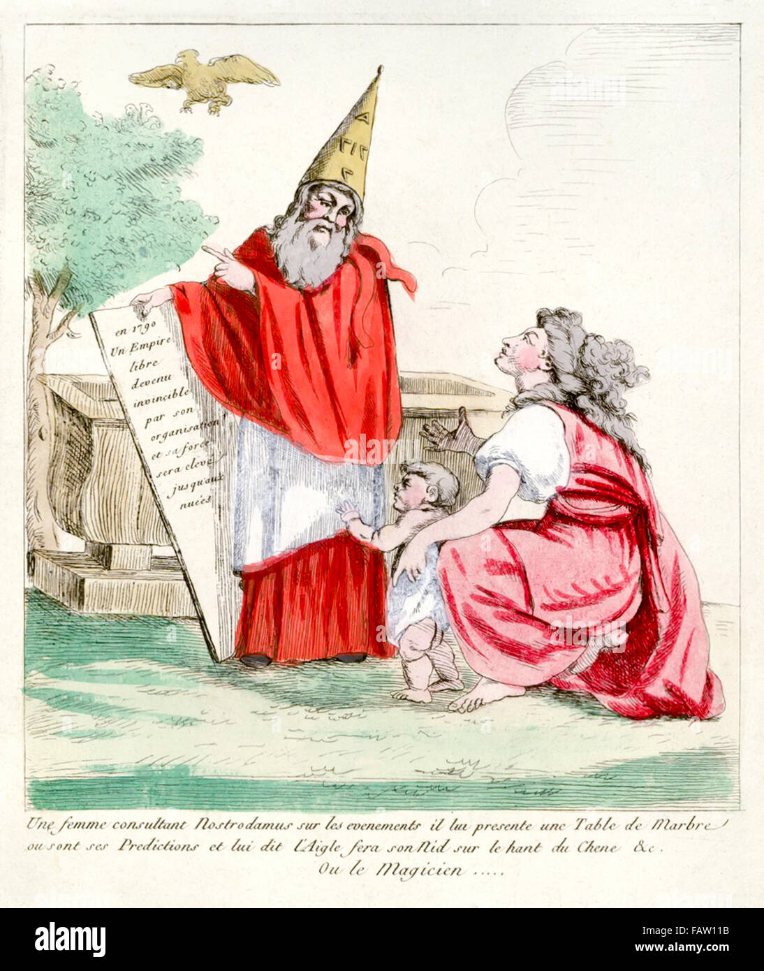 Political cartoon of 1790 showing Nostradamus (1503-1566) being consulted by woman with child; he holds a tablet containing his prediction of the French Revolution of 1790. The French Imperial Eagle can be seen in the sky behind. Stock Photo
