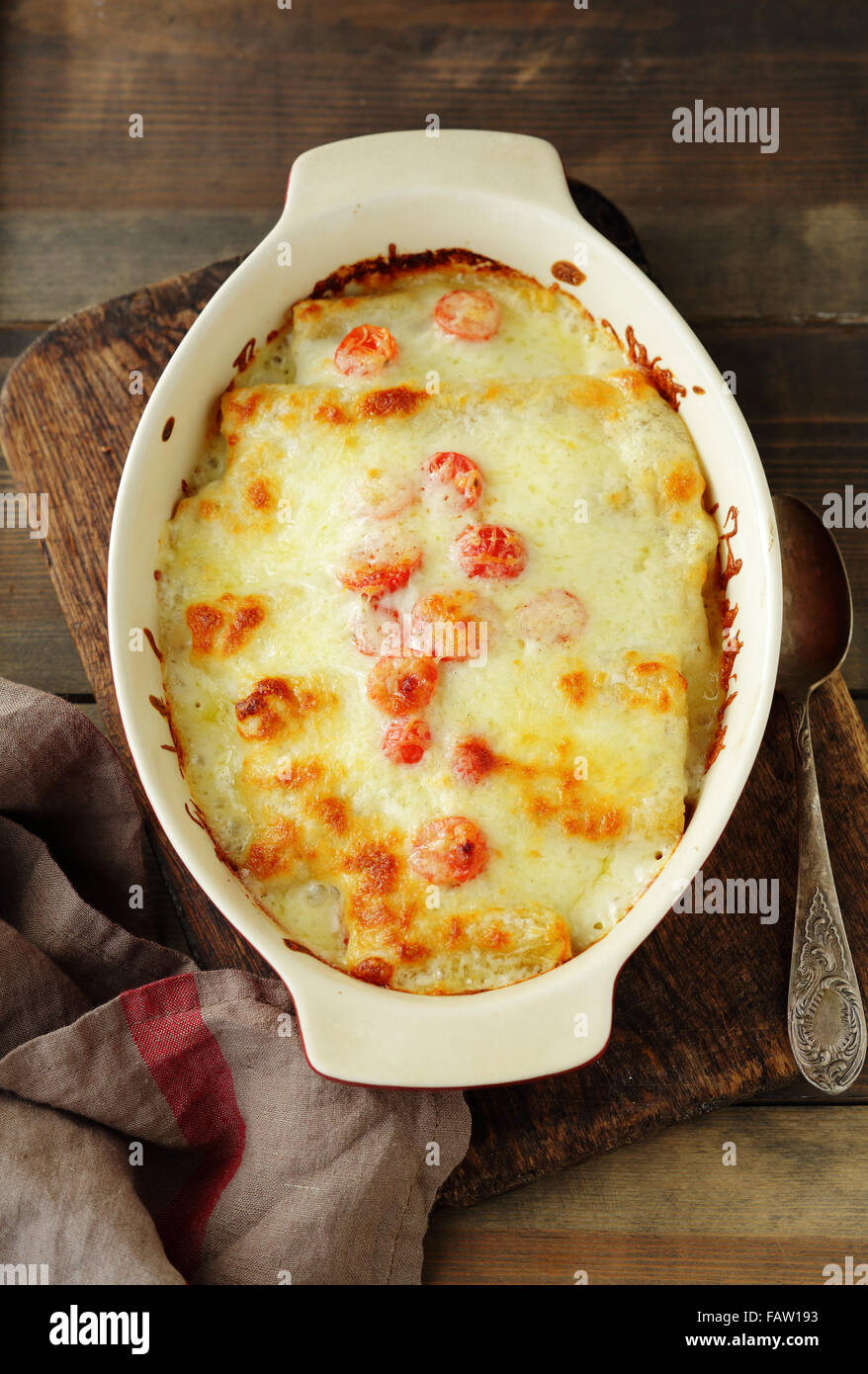 fresh lasagna in baking dish, top view Stock Photo Alamy