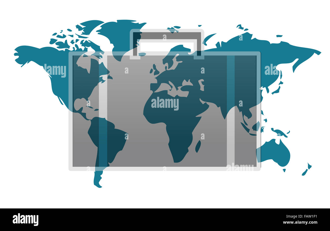World map with suitcase isolated on white background Stock Photo
