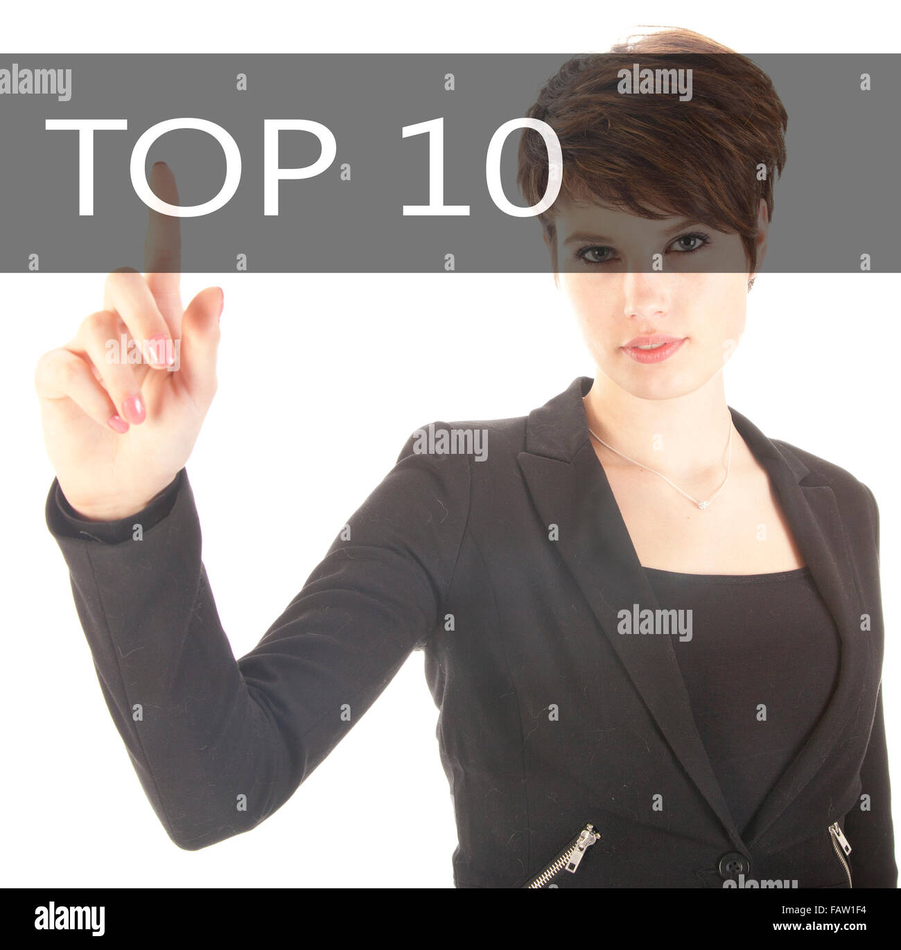 Business woman with top 10 sign on white background Stock Photo