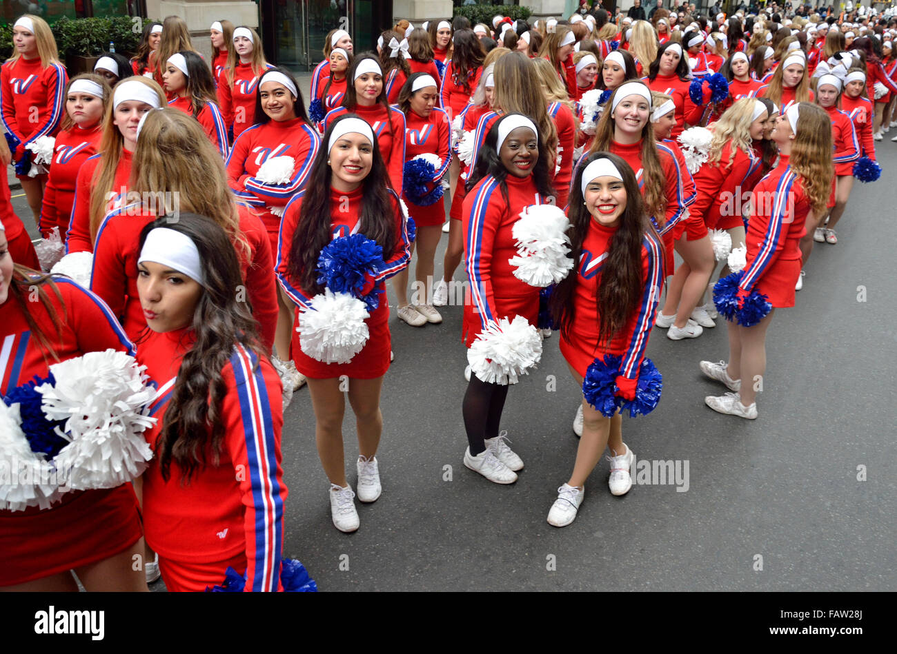 London, UK. New Year's Day parade Jan 1 2016. Varsity All American Cheerleaders Stock Photo