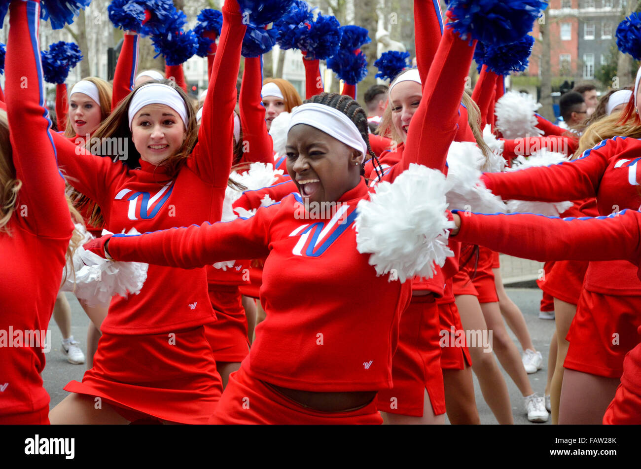 London, UK. New Year's Day parade Jan1 2016. Varsity All American Cheerleaders Stock Photo