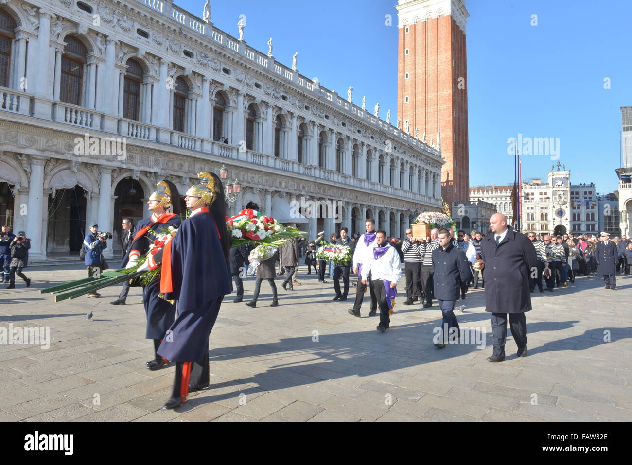 A state funeral is held in Venice for the sole Italian victim of the Paris attacks (13November15), 28-year-old student Valeria Solesin. Her casket was borne up the city's Grand Canal in a black gondola to St Mark's Square. Ms Solesin was among the 89 peop Stock Photo