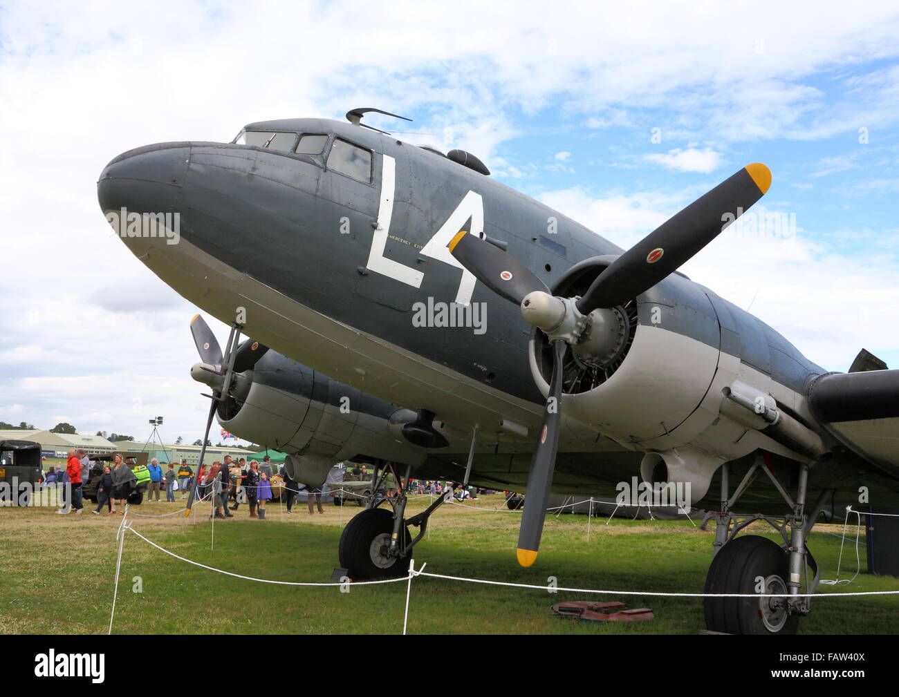 Douglas C47 Dakota in D-Day colours at Dunsfold Aerodrome, Sussex Stock Photo