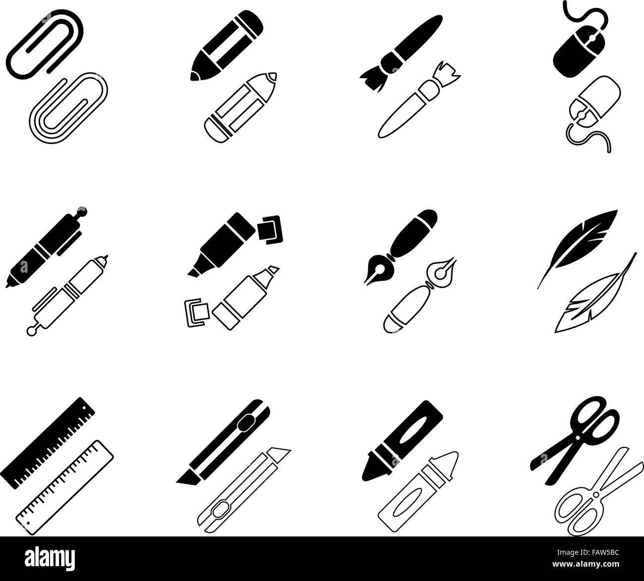 Office supplies set icons Black and White Stock Photos & Images - Alamy