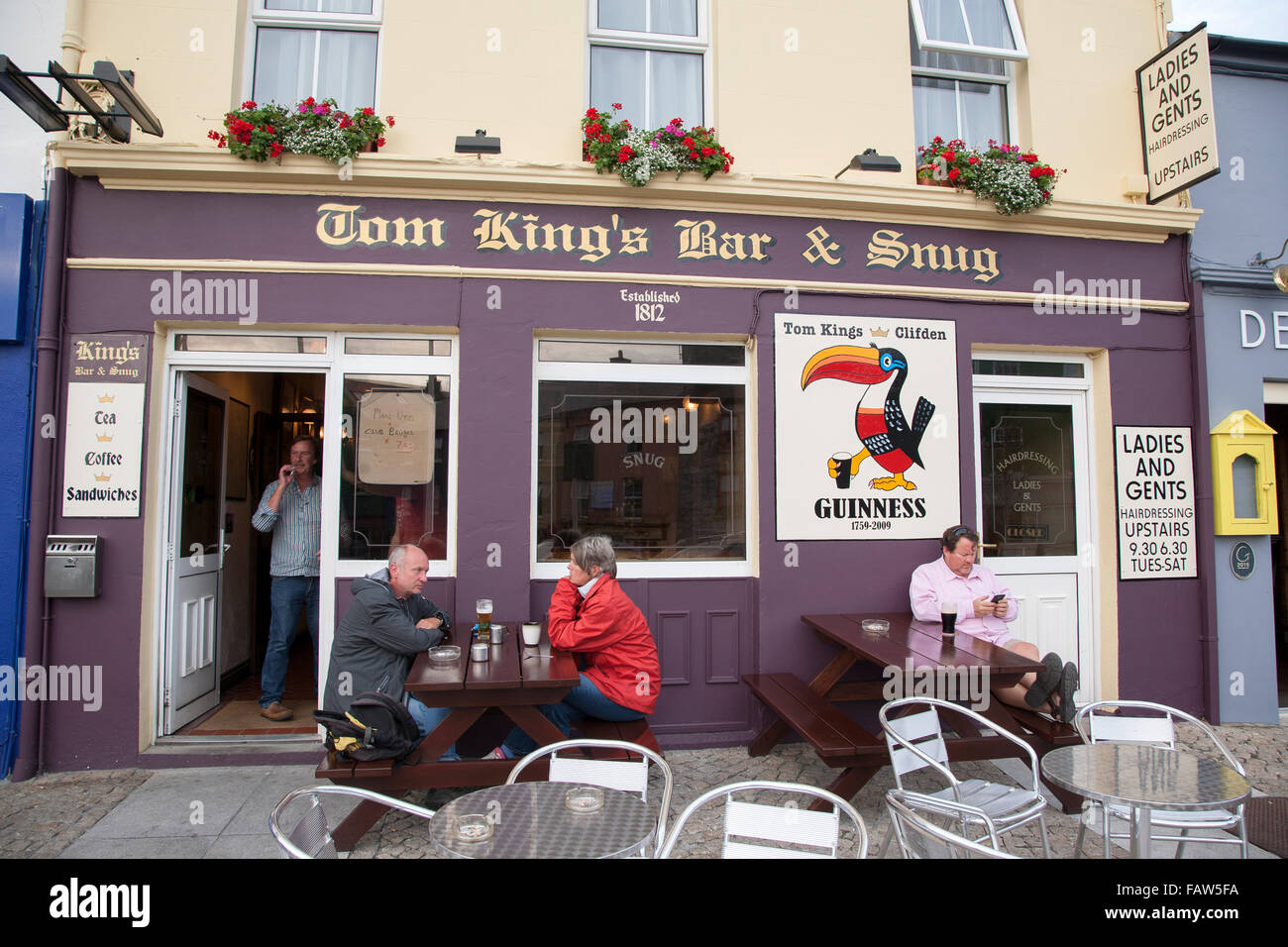 Tom Kings Pub and Bar Sign; Clifden; County Galway; Ireland Stock Photo