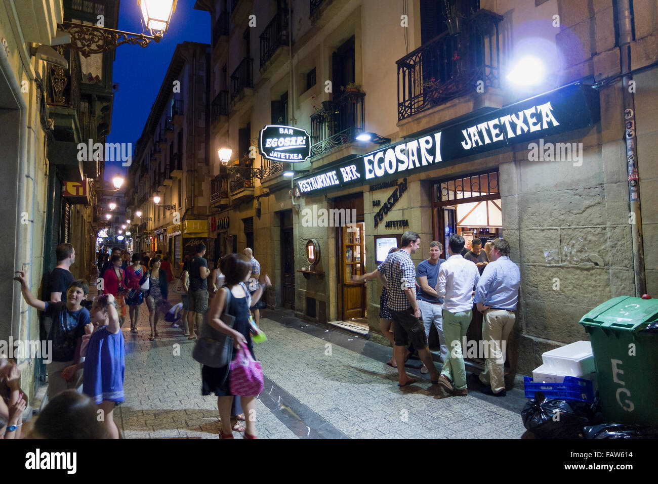 Alley at night, Old Town, San Sebastian, Gipuzkoa, Basque Country, Spain Stock Photo