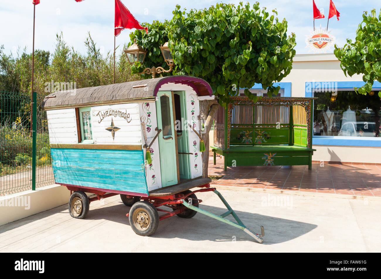 Gypsy caravans outside a craft shop on Ibiza Island, Spain, Europe. Stock Photo