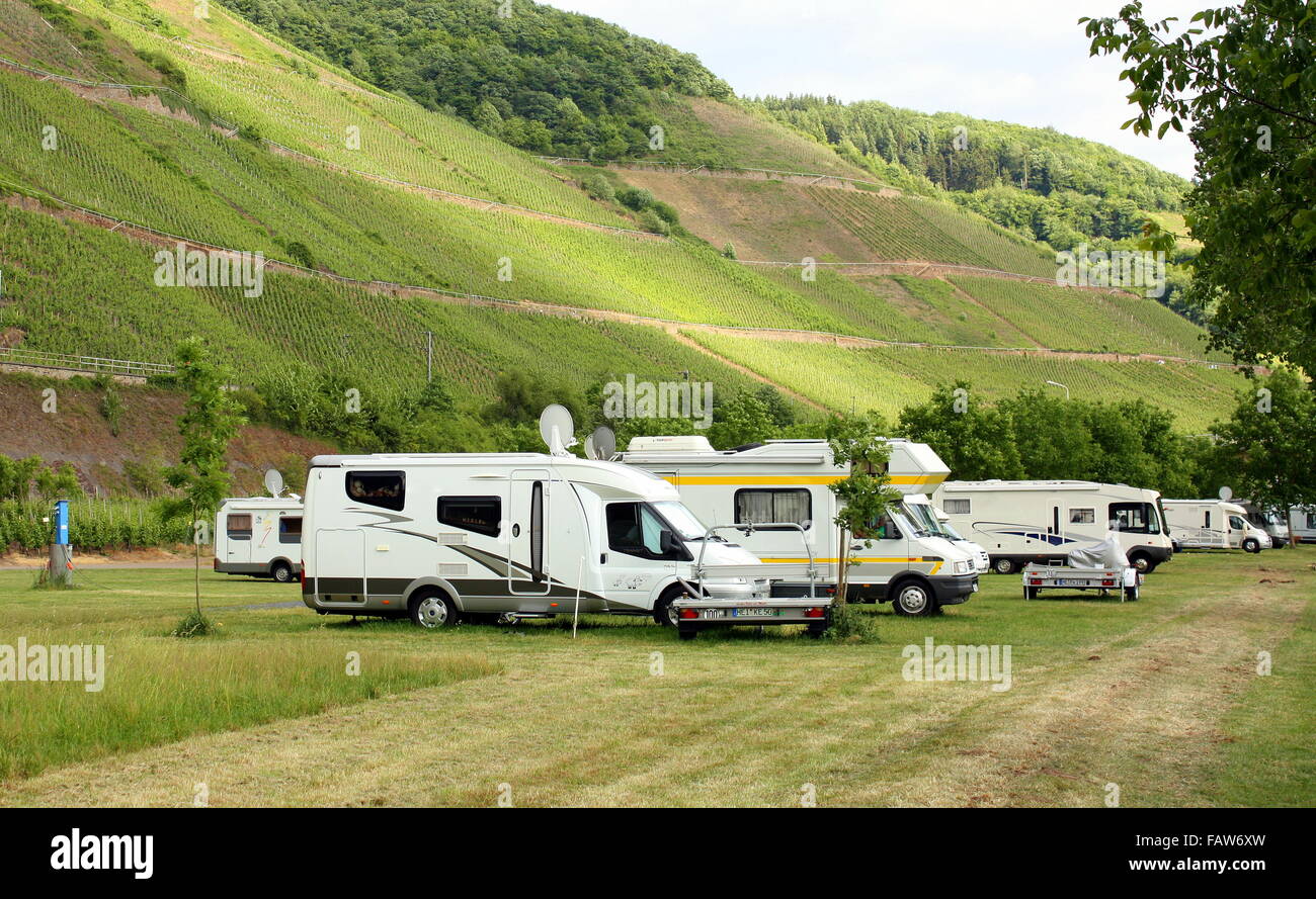 May-27-2011. Campers on a field in the Moselle region. Germany Stock Photo